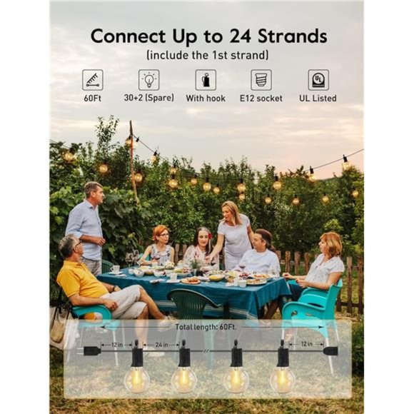 Outdoor String Lights 60 Feet G40 Globe Patio Lights with 32 Edison Shatterproof - Picture 2 of 6